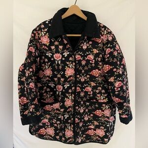Denim & Co. Women's Quilted Reversible Jacket Black/Floral Snap Up Plus Size 1X
